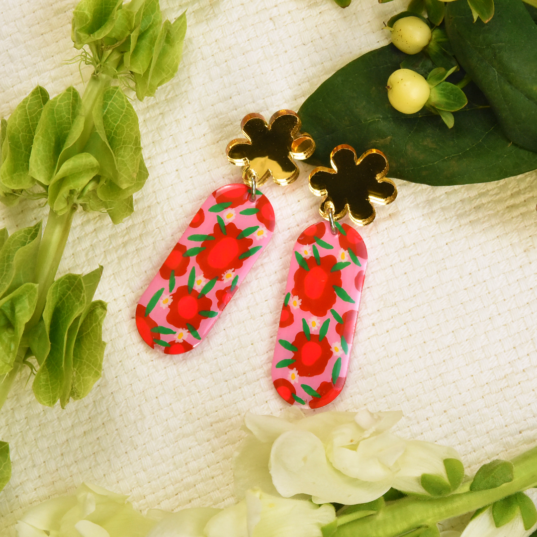 Pink and Red Flower Resin Earrings - Goldmakers Fine Jewelry
