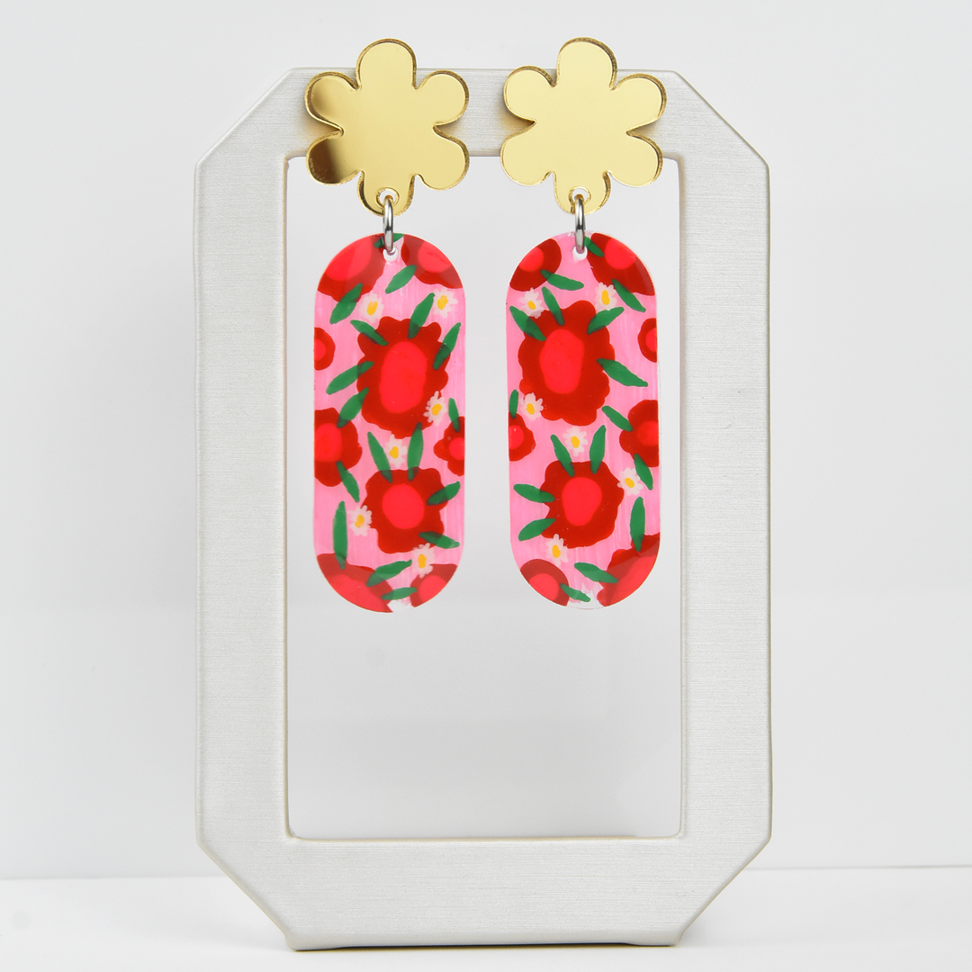 Pink and Red Flower Resin Earrings - Goldmakers Fine Jewelry