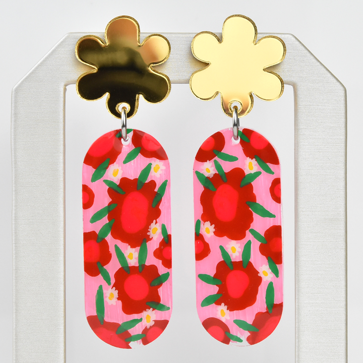 Pink and Red Flower Resin Earrings - Goldmakers Fine Jewelry
