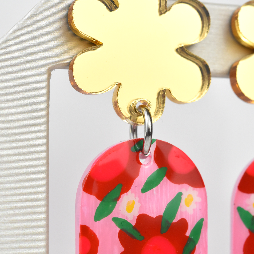 Pink and Red Flower Resin Earrings - Goldmakers Fine Jewelry