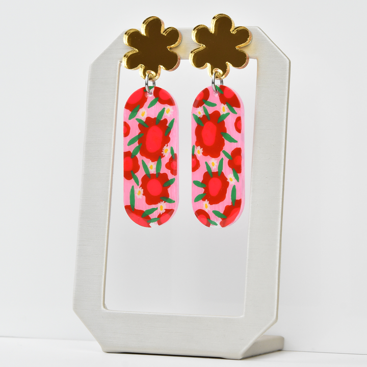 Pink and Red Flower Resin Earrings - Goldmakers Fine Jewelry