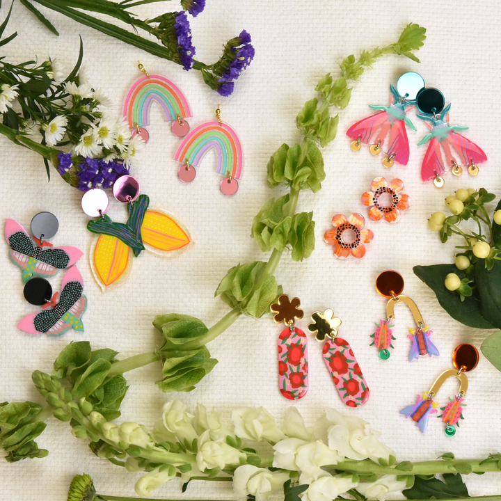 Orange Geometric Colorful Arch Insect Earrings - Goldmakers Fine Jewelry