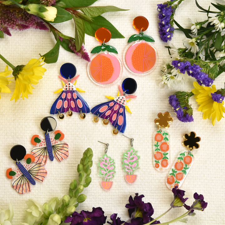 Orange and Black Geometric Moth Earrings - Goldmakers Fine Jewelry
