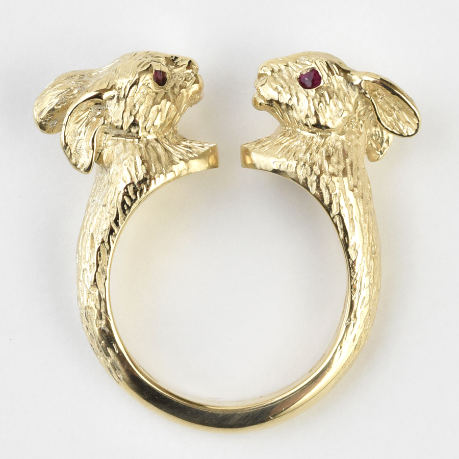 Lucky Golden Rabbits Ring in Gold with Rubies - Goldmakers Fine Jewelry