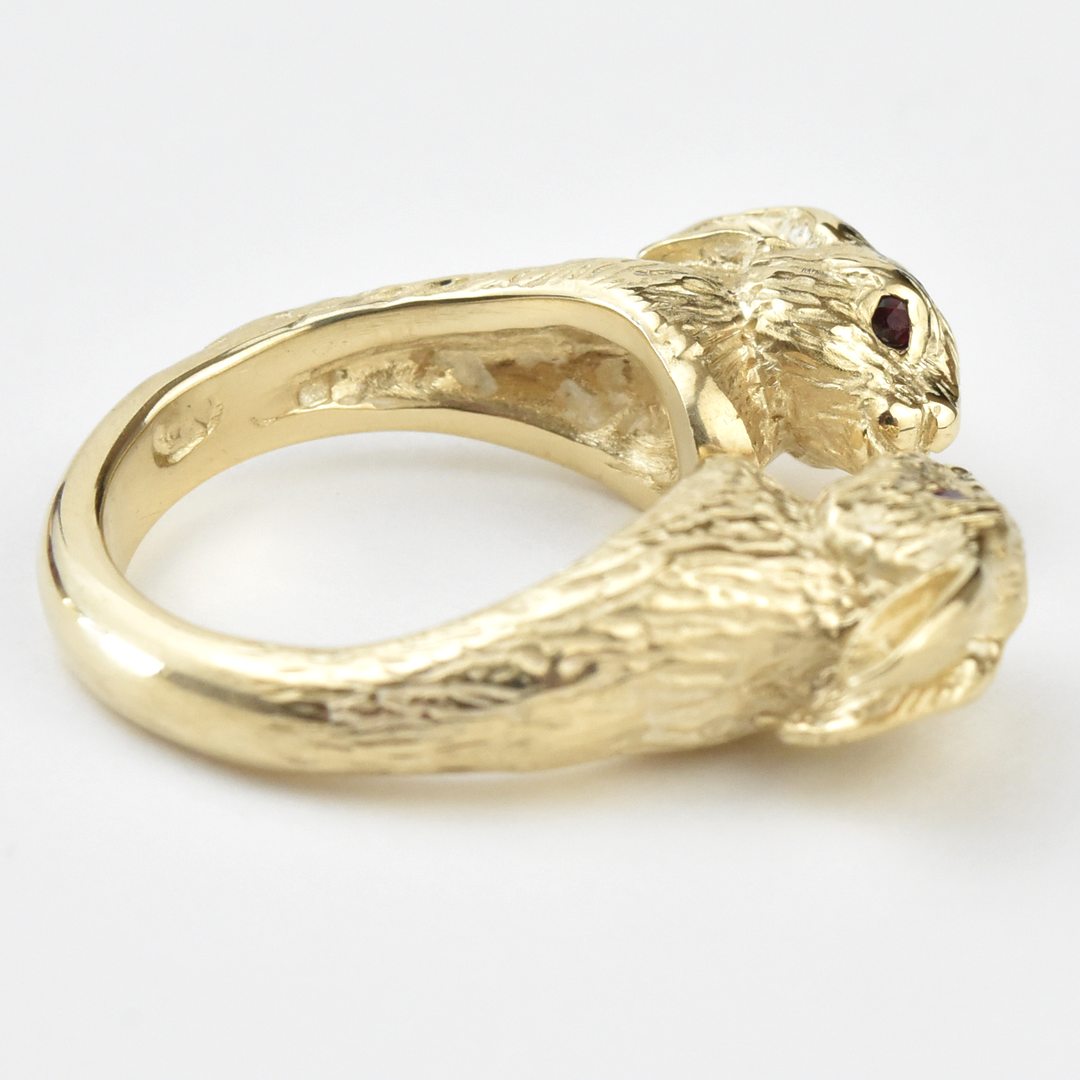 Lucky Golden Rabbits Ring in Gold with Rubies - Goldmakers Fine Jewelry