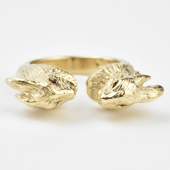Lucky Golden Rabbits Ring in Gold with Rubies - Goldmakers Fine Jewelry