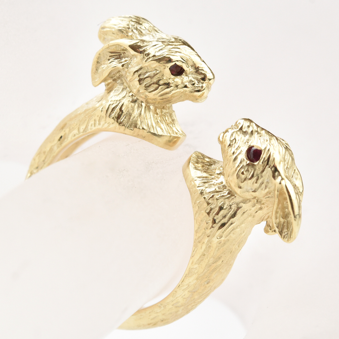 Lucky Golden Rabbits Ring in Gold with Rubies - Goldmakers Fine Jewelry
