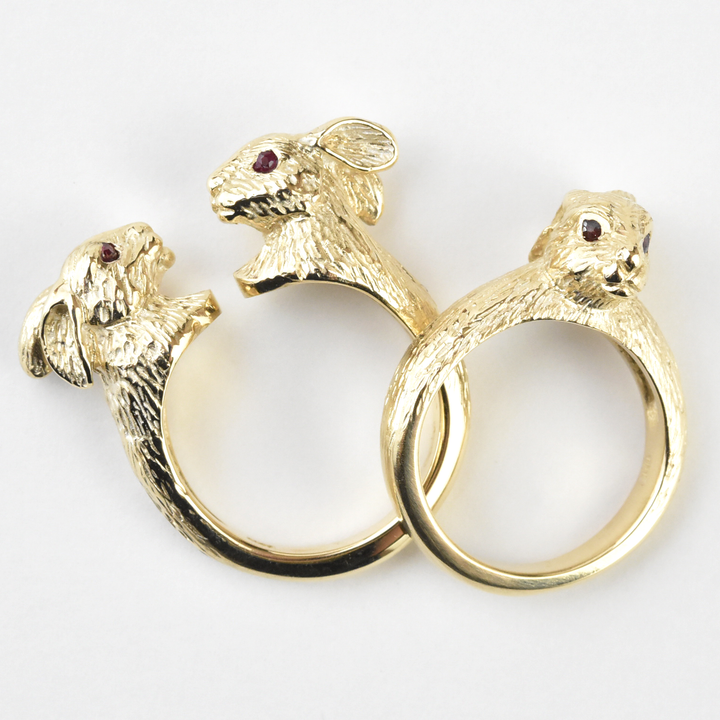 Lucky Golden Rabbits Ring in Gold with Rubies - Goldmakers Fine Jewelry