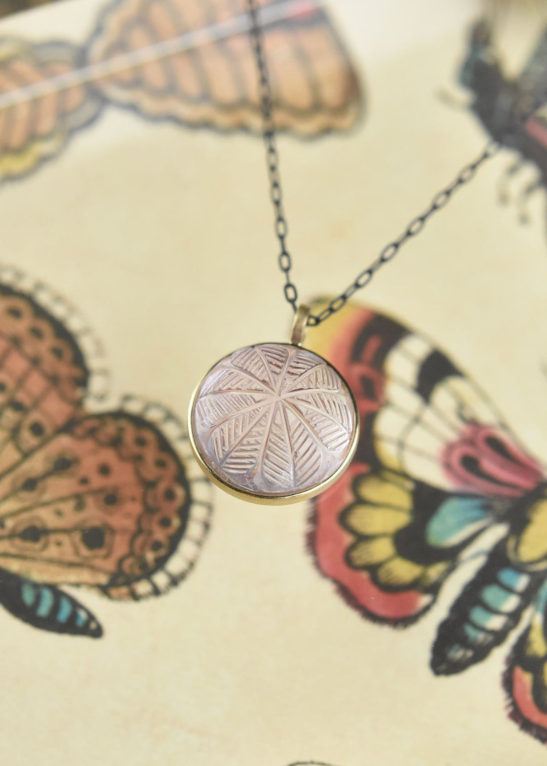Small Carved Amethyst Necklace in 14k Bezel