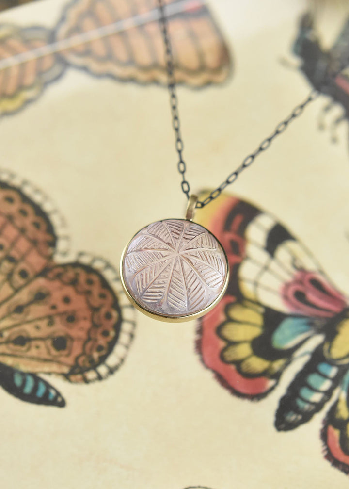 Small Carved Amethyst Necklace in 14k Bezel
