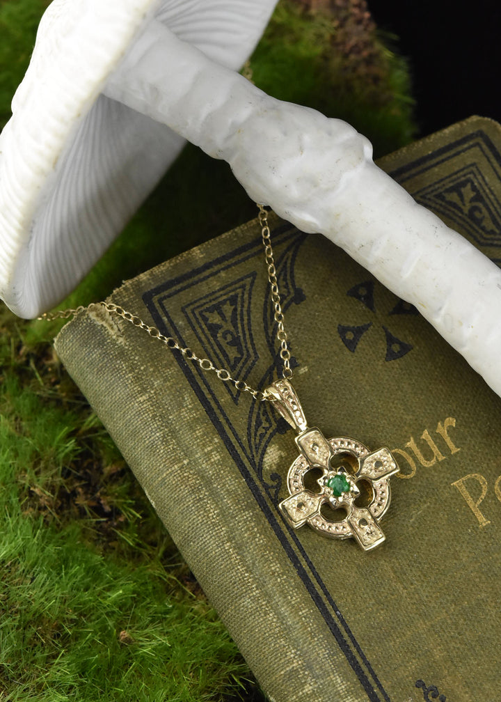 Celtic Cross & Emerald Necklace in 10k Gold - Goldmakers Fine Jewelry