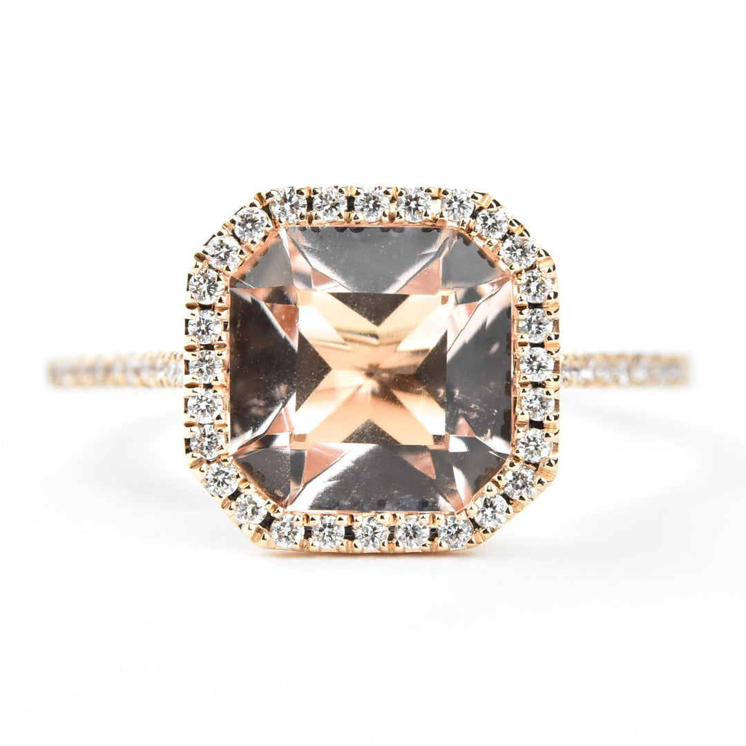Cushion-Cut Morganite and Diamond Halo Ring