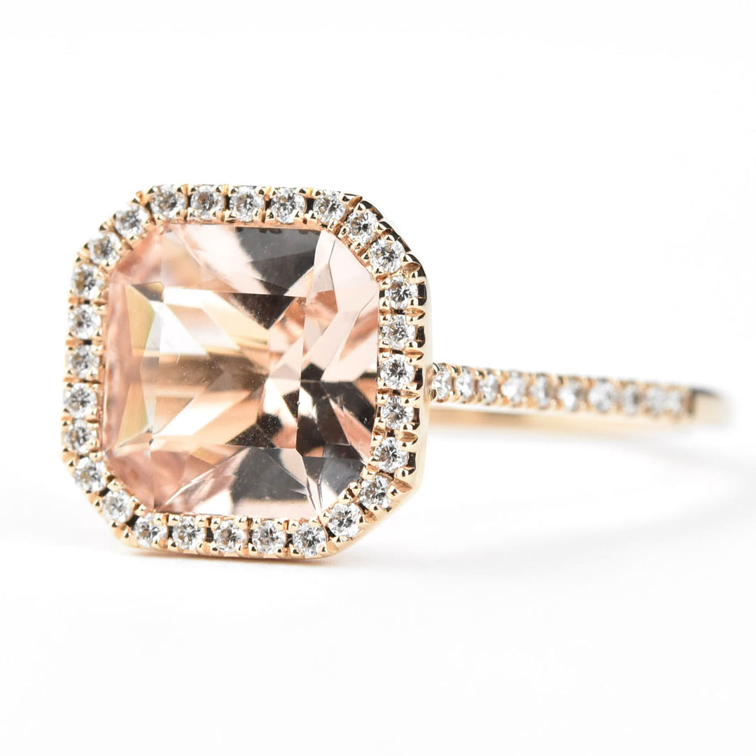 Cushion-Cut Morganite and Diamond Halo Ring
