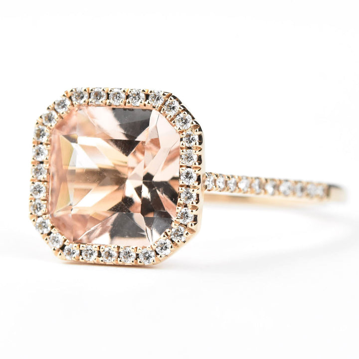 Cushion-Cut Morganite and Diamond Halo Ring