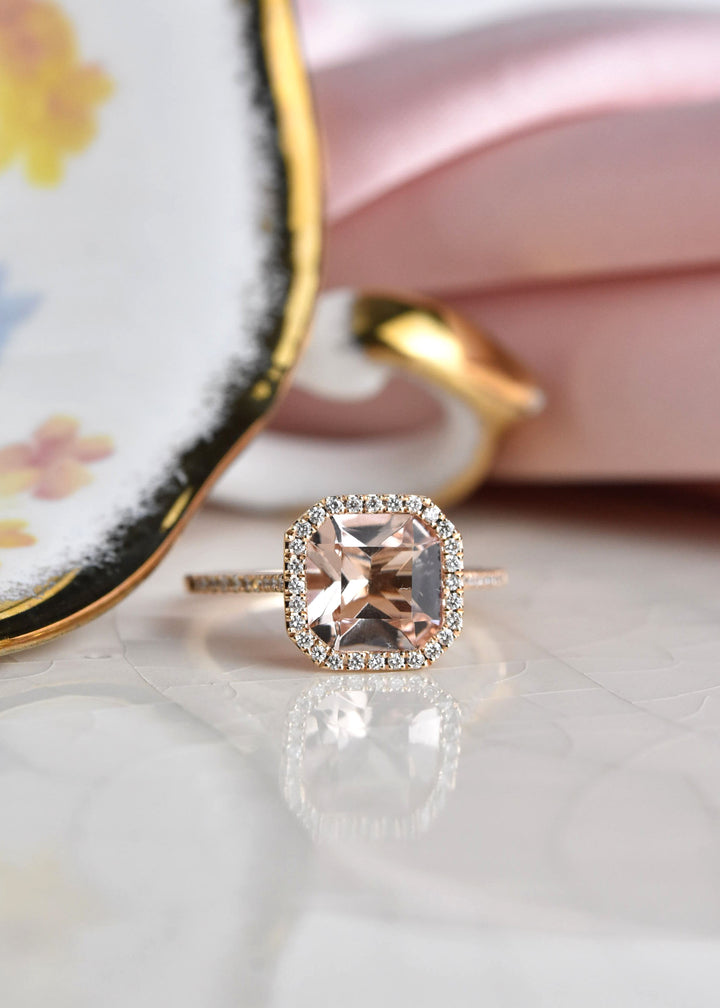Cushion-Cut Morganite and Diamond Halo Ring