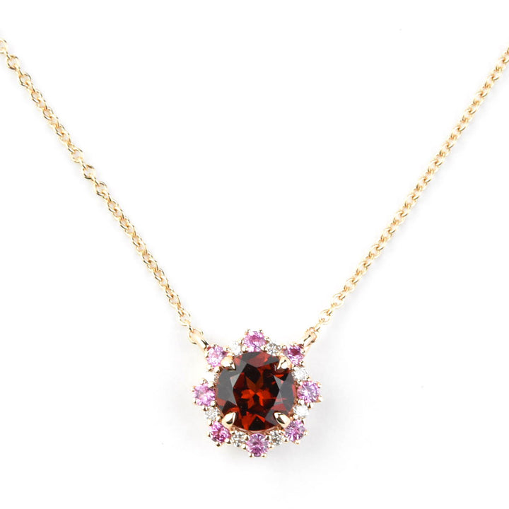 Garnet, Pink Sapphire and Diamond Necklace in 14k Rose Gold