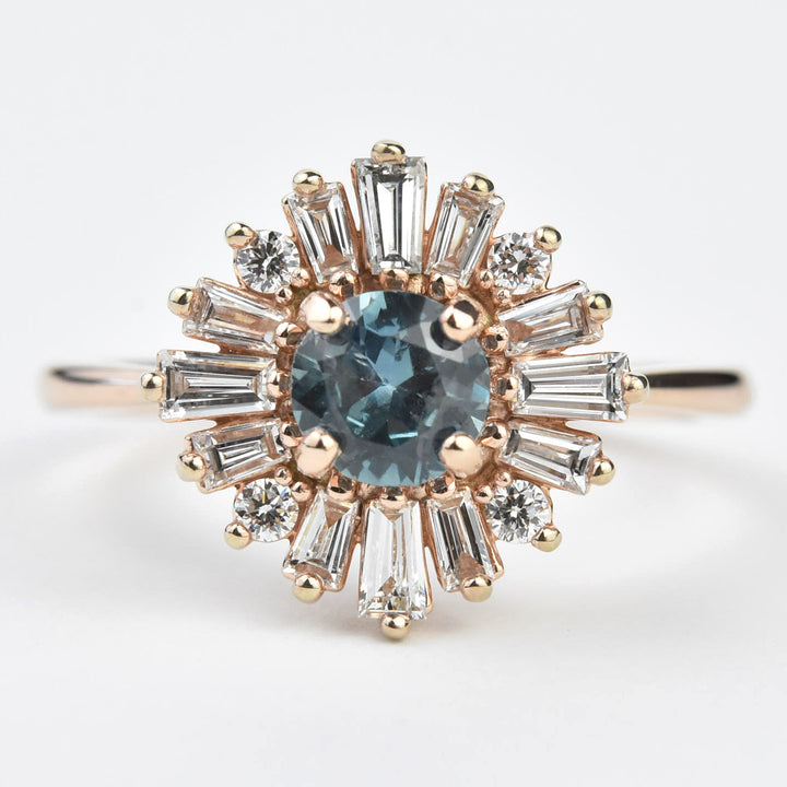 Montana Sapphire & Baguette Diamond Halo Ring in Rose Gold - Goldmakers Fine Jewelry