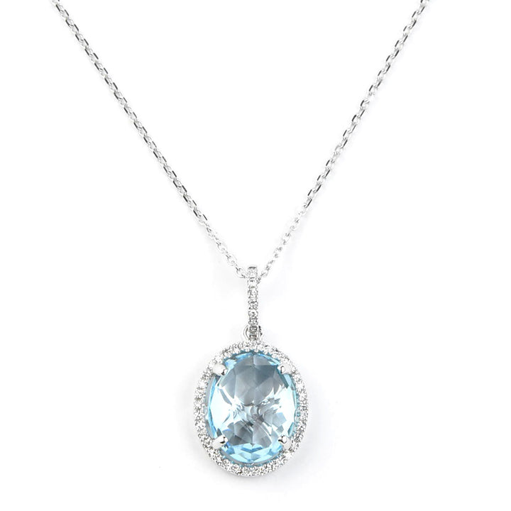 Blue Topaz and Diamond Halo Necklace in 14k White Gold