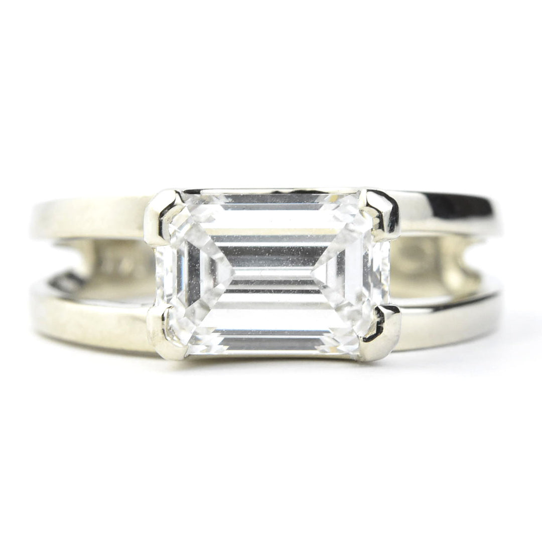 East West Emerald Cut Diamond Ring in 14k White Gold - Goldmakers Fine Jewelry