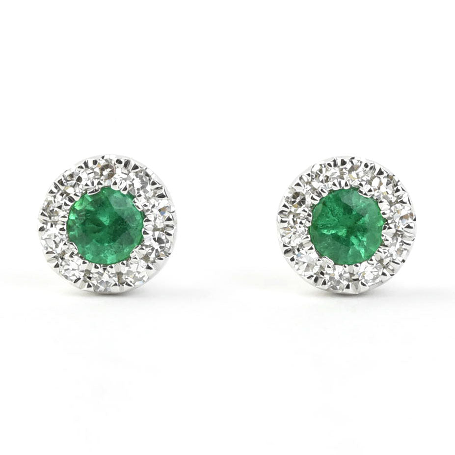 Emerald and Diamond Halo Studs in 14k White Gold - Goldmakers Fine Jewelry