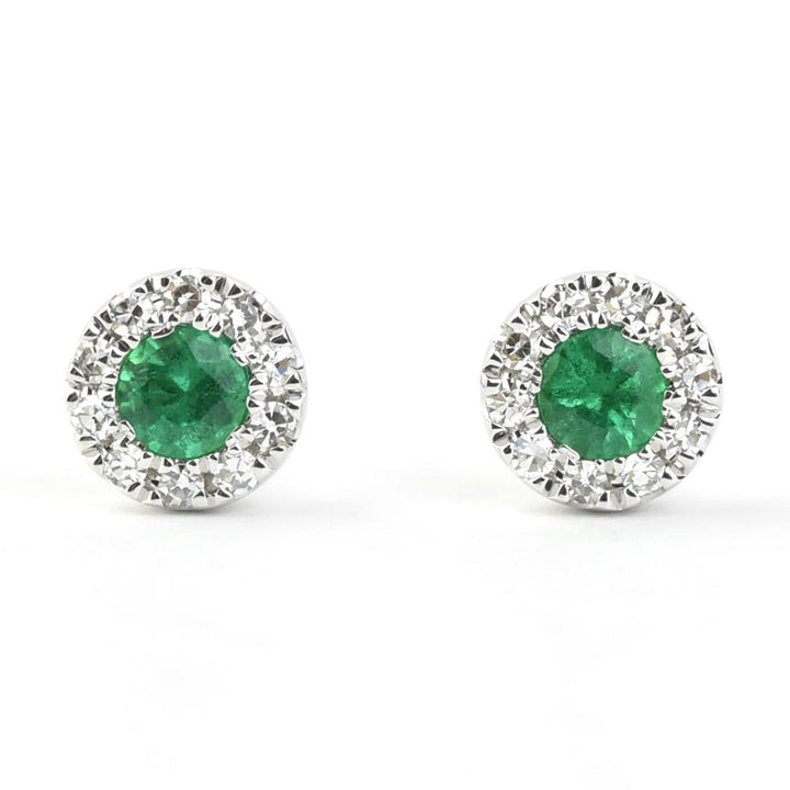 Emerald and Diamond Halo Studs in 14k White Gold - Goldmakers Fine Jewelry