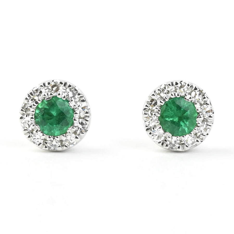 Emerald and Diamond Halo Studs in 14k White Gold - Goldmakers Fine Jewelry