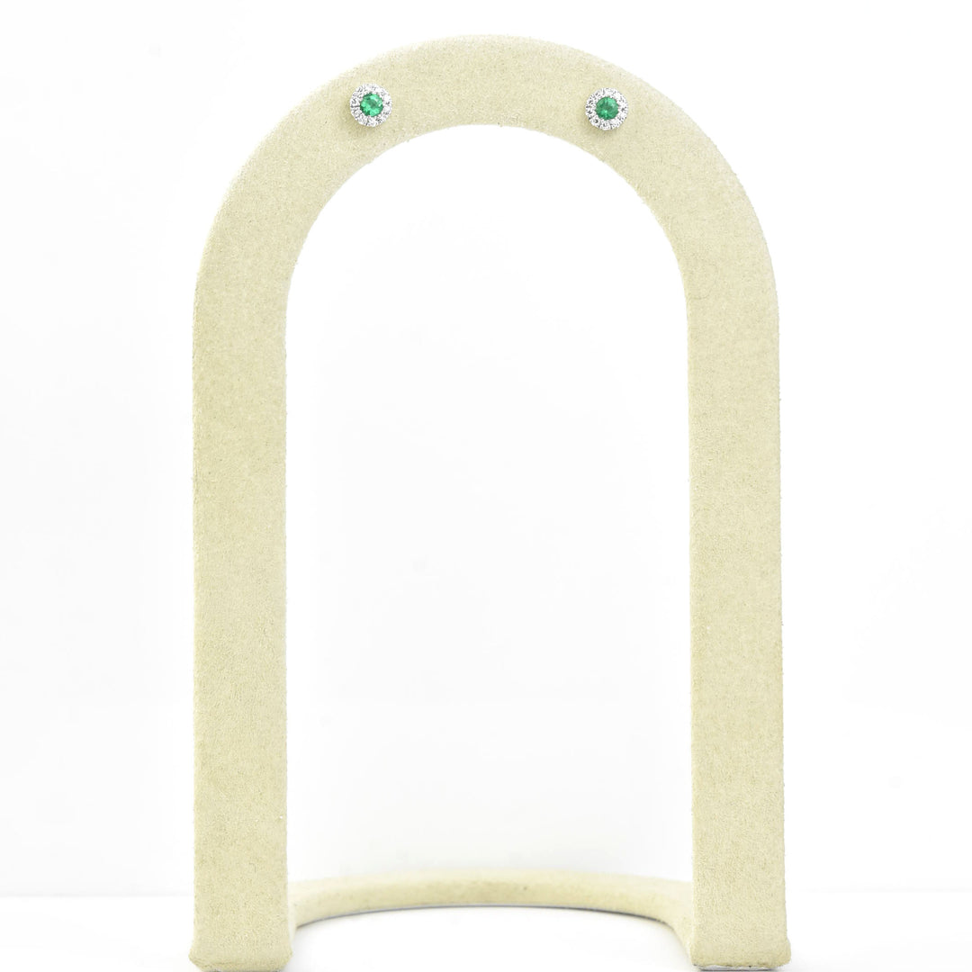 Emerald and Diamond Halo Studs in 14k White Gold - Goldmakers Fine Jewelry