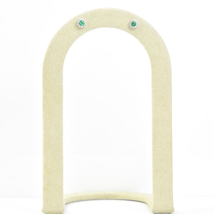 Emerald and Diamond Halo Studs in 14k White Gold - Goldmakers Fine Jewelry