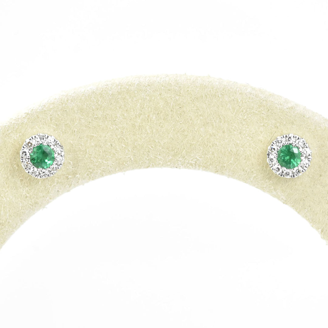 Emerald and Diamond Halo Studs in 14k White Gold - Goldmakers Fine Jewelry
