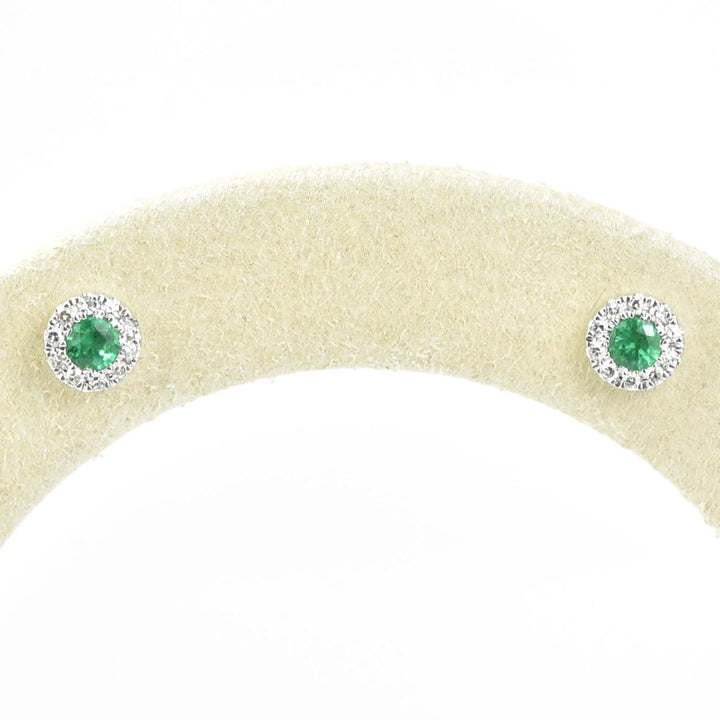 Emerald and Diamond Halo Studs in 14k White Gold - Goldmakers Fine Jewelry