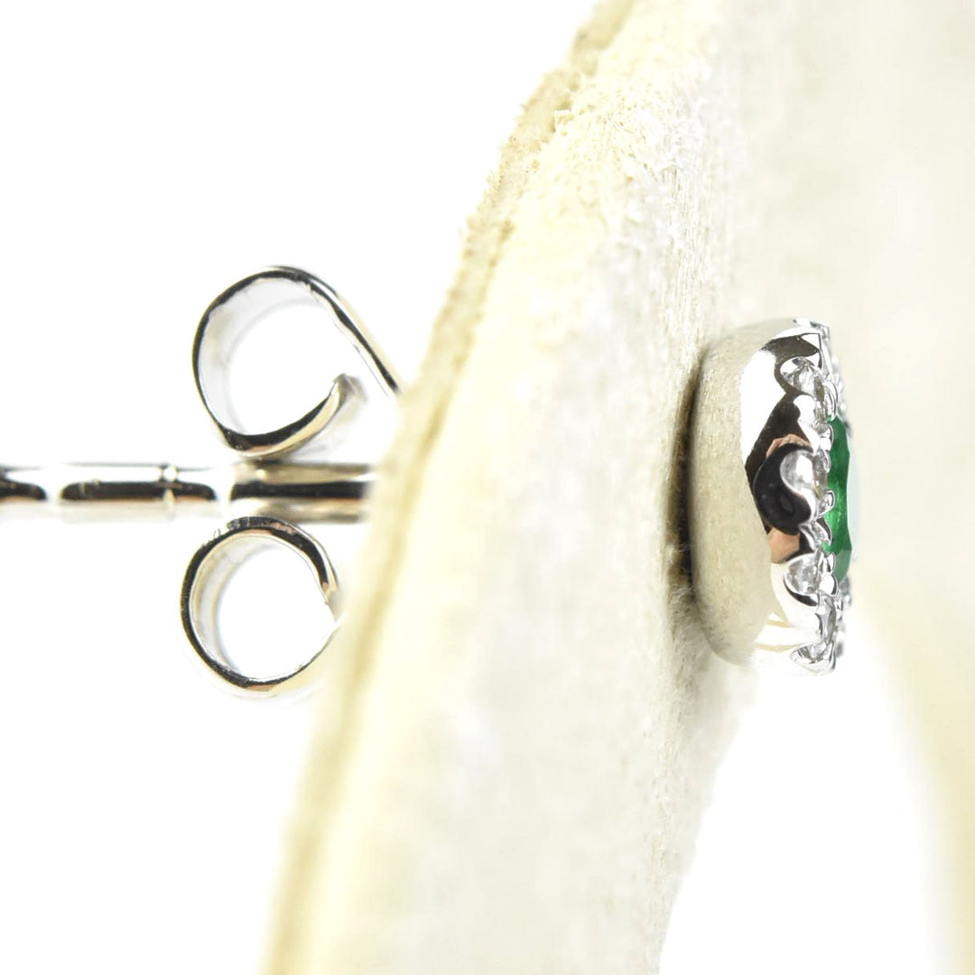 Emerald and Diamond Halo Studs in 14k White Gold - Goldmakers Fine Jewelry