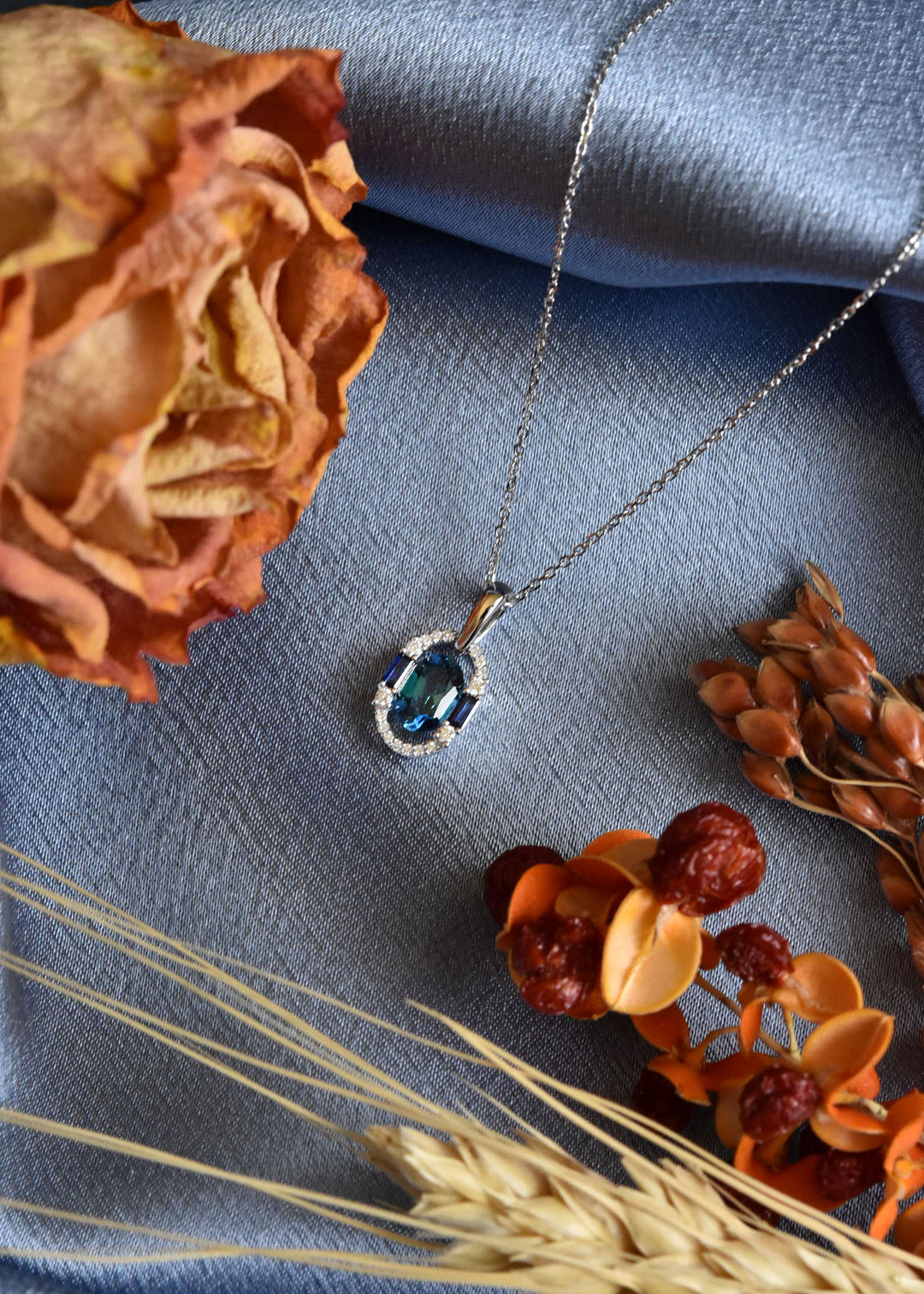 14k White Gold London Blue Topaz and Diamond Necklace - Goldmakers Fine Jewelry