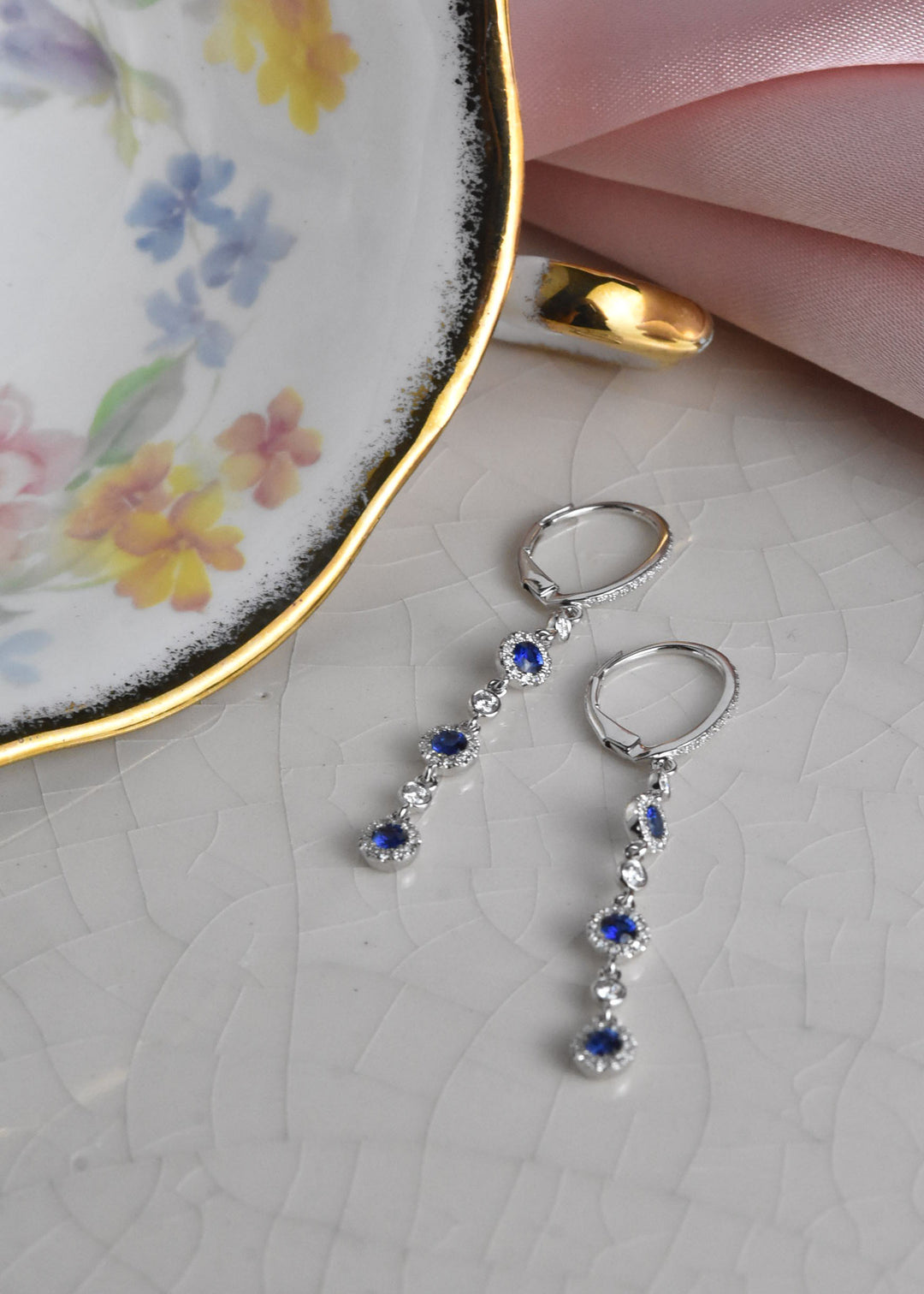 Long Sapphire and Diamond Halo Earrings