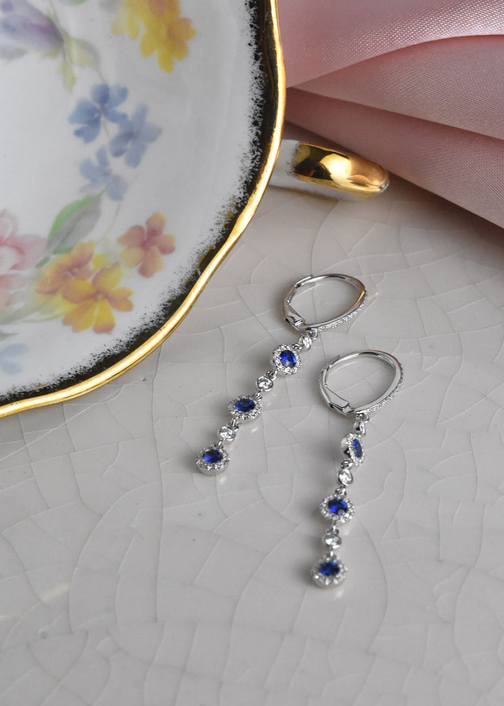 Long Sapphire and Diamond Halo Earrings