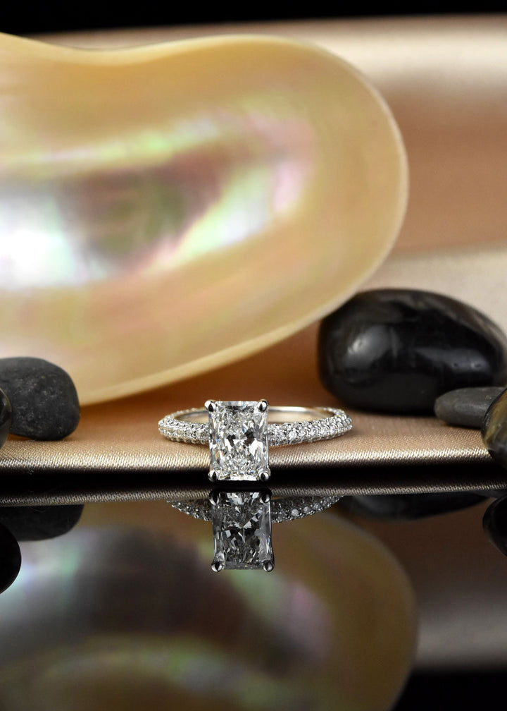 Radiant-cut Diamond Ring in 14k Gold with Pave Band