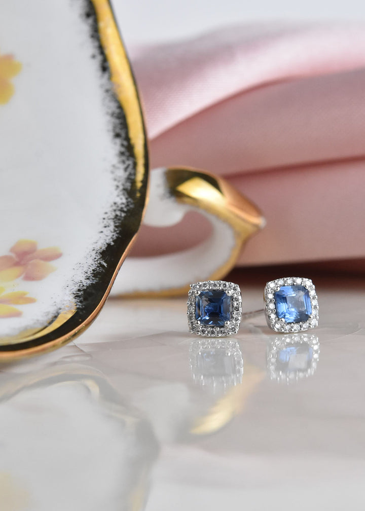 Cushion-Cut Sapphire and Diamond Halo Studs