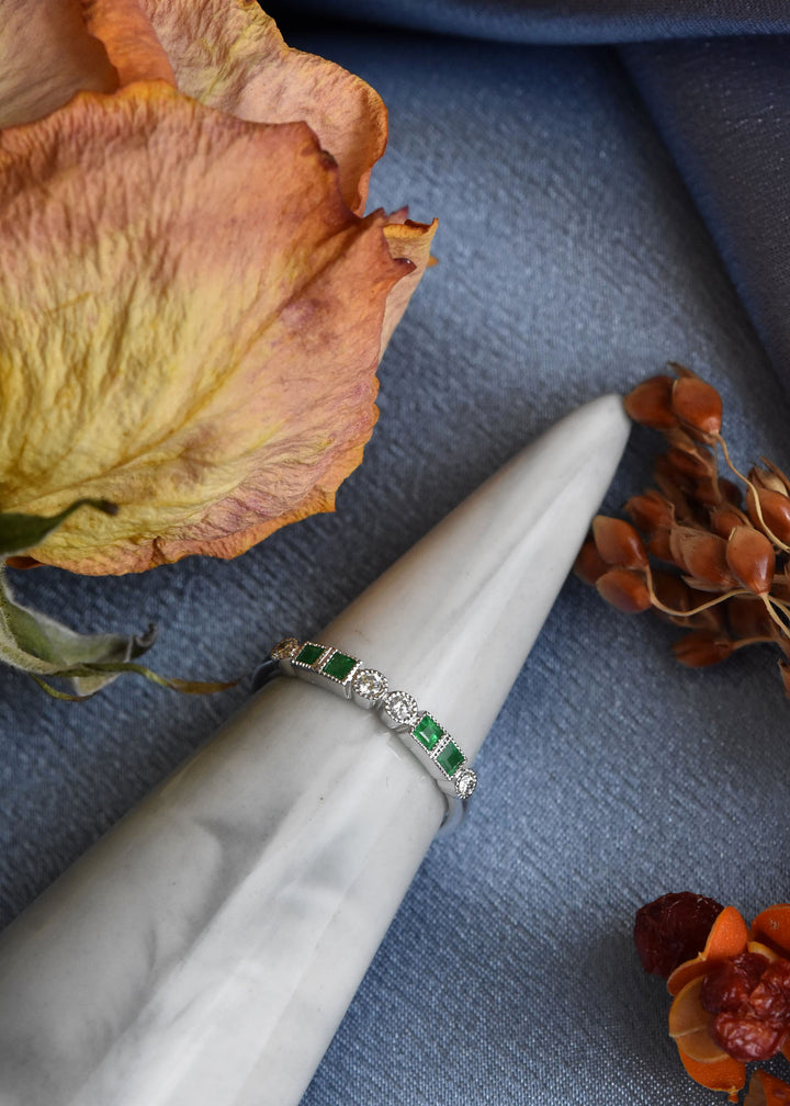 Princess Cut Emerald and Diamond Band in White Gold