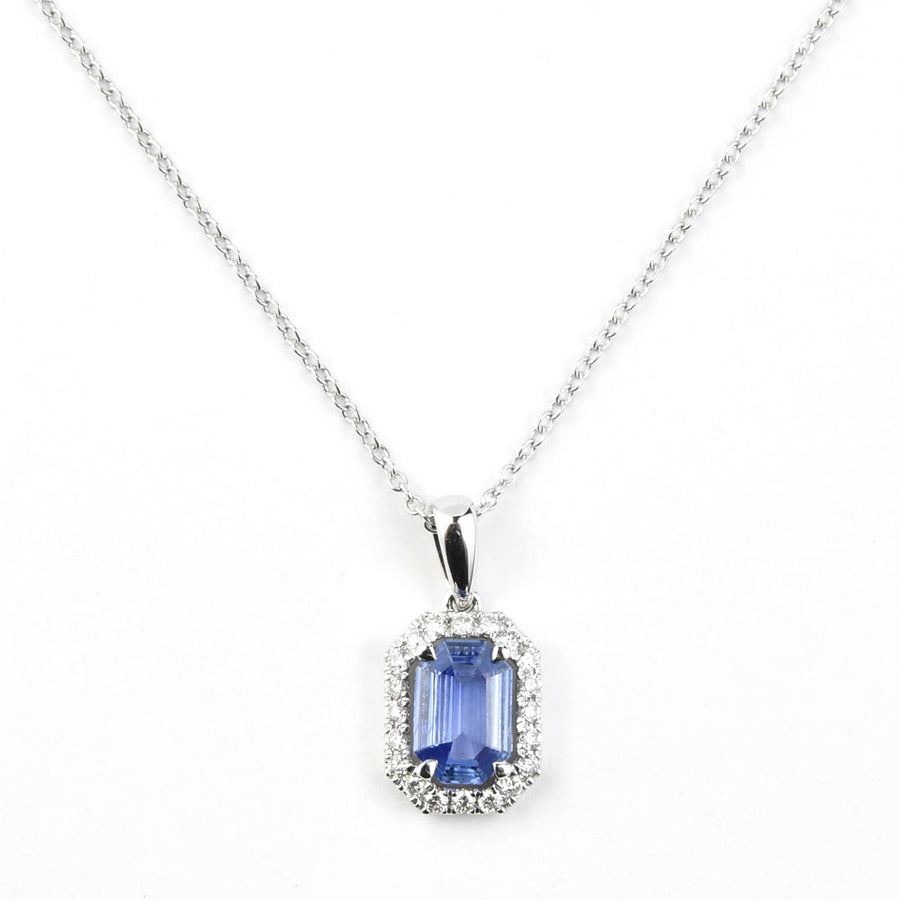 The Antonia: Sapphire Halo Necklace in White Gold - Goldmakers Fine Jewelry