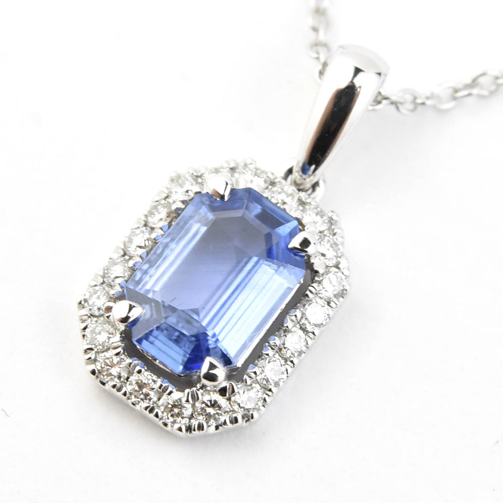 The Antonia: Sapphire Halo Necklace in White Gold - Goldmakers Fine Jewelry