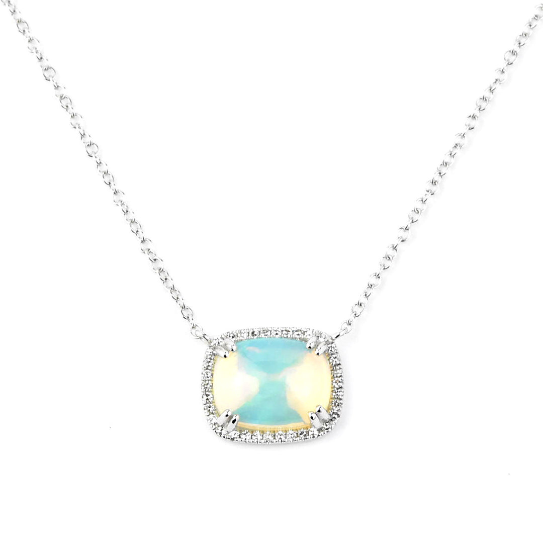 Opal and Diamond Halo Necklace in White Gold