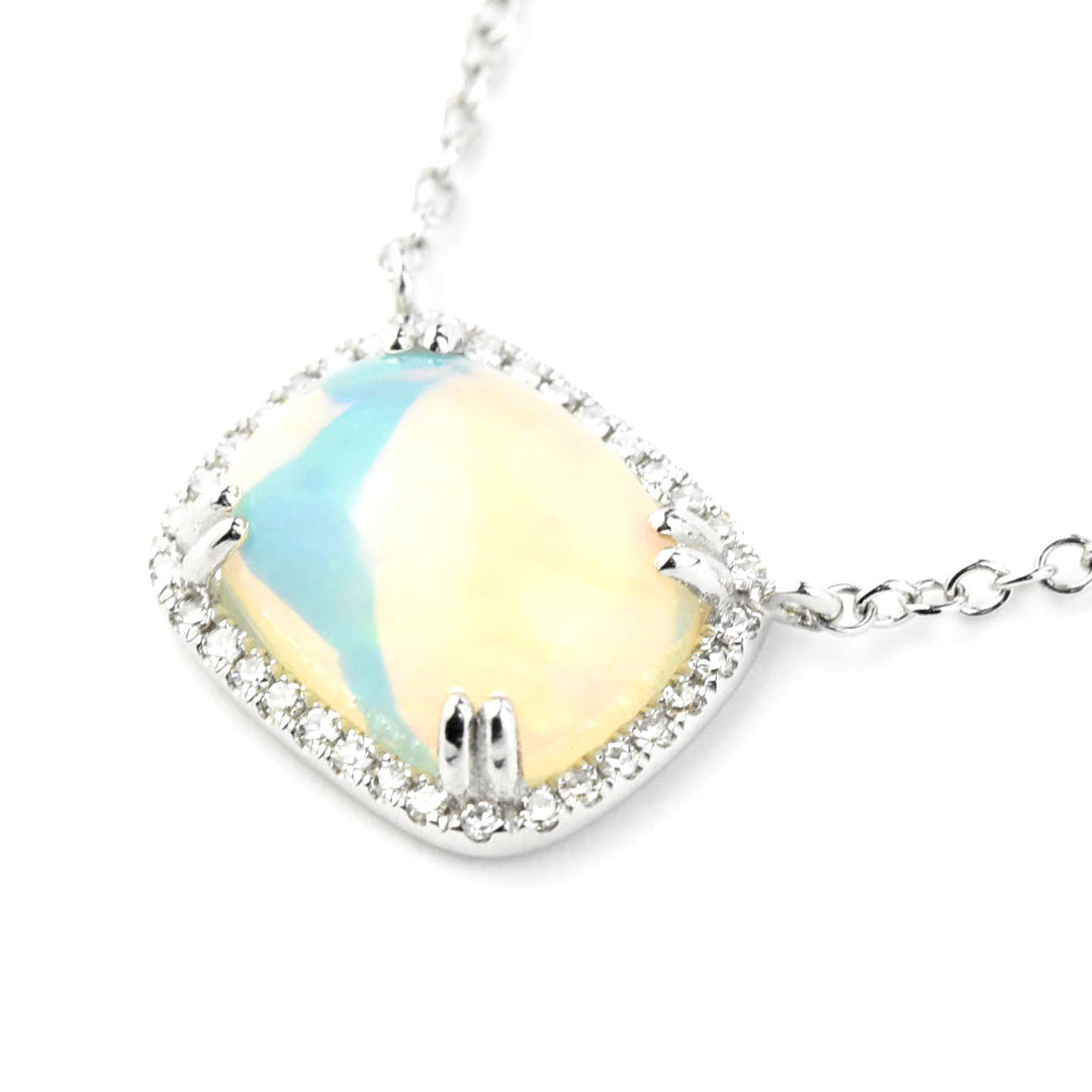 Opal and Diamond Halo Necklace in White Gold