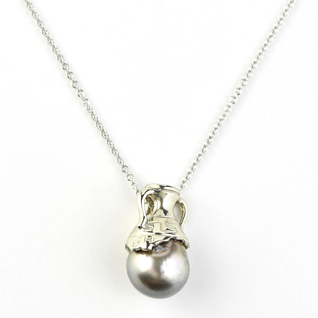 Greek Amphora Pearl Necklace in White Gold