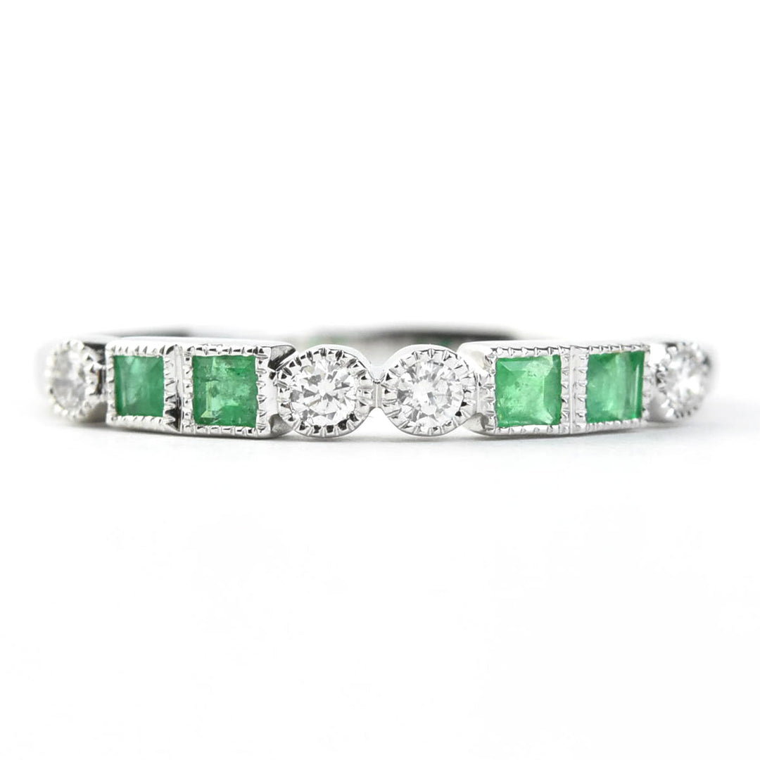 Princess Cut Emerald and Diamond Band in White Gold