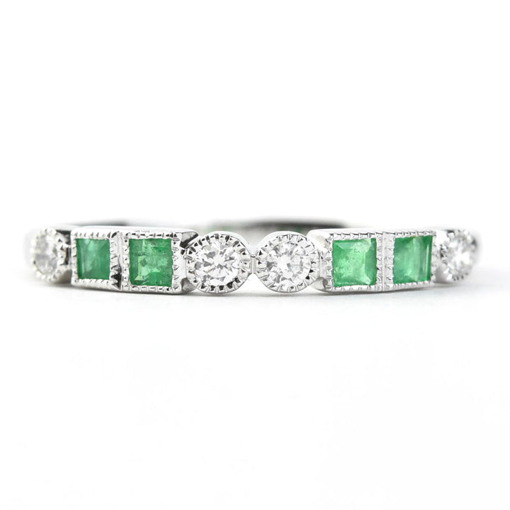 Princess Cut Emerald and Diamond Band in White Gold
