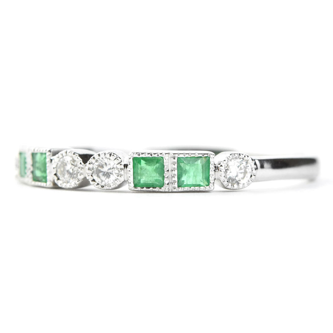 Princess Cut Emerald and Diamond Band in White Gold