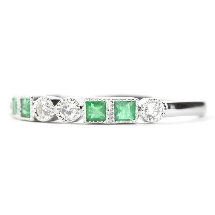 Princess Cut Emerald and Diamond Band in White Gold