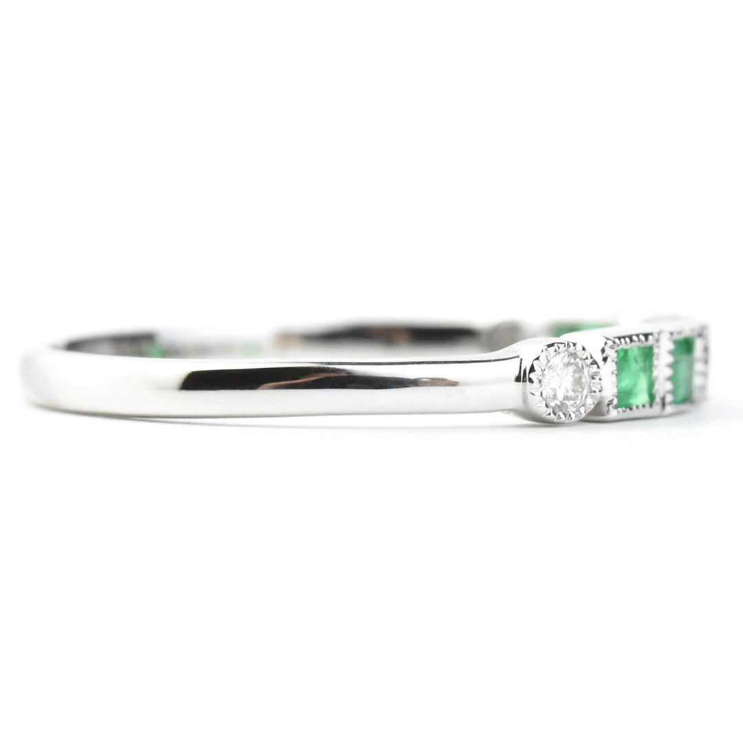 Princess Cut Emerald and Diamond Band in White Gold