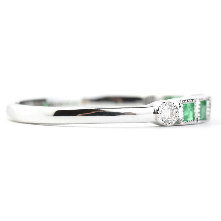 Princess Cut Emerald and Diamond Band in White Gold