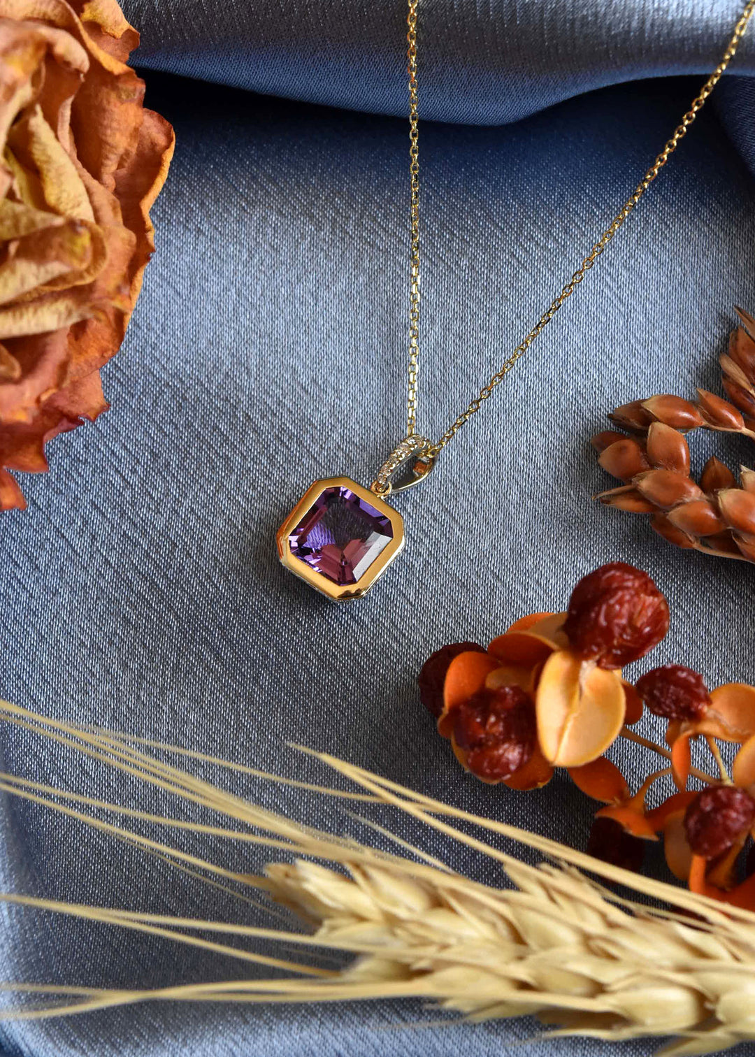 14k Yellow Gold Amethyst and Diamond Necklace