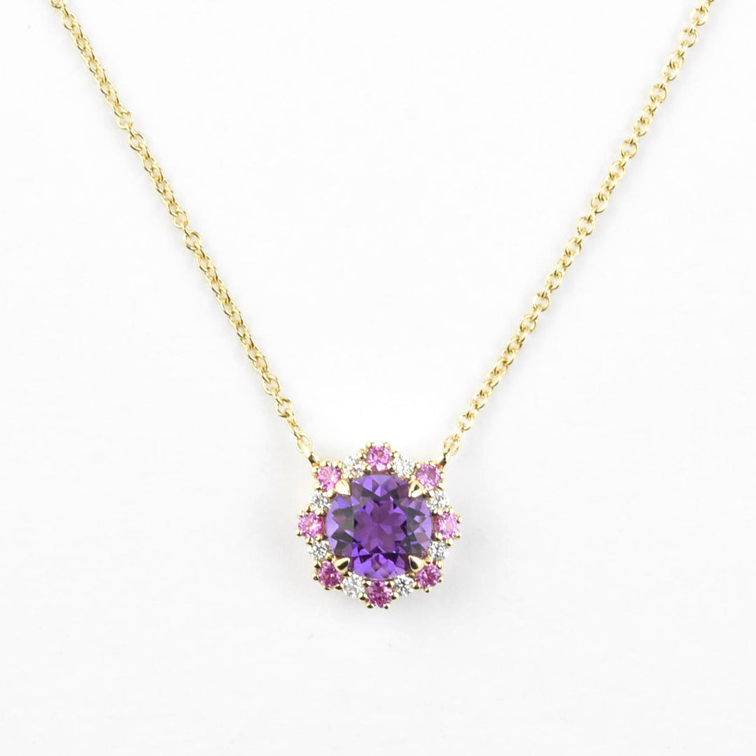 Amethyst, Pink Sapphire and Diamond Necklace 14k Gold